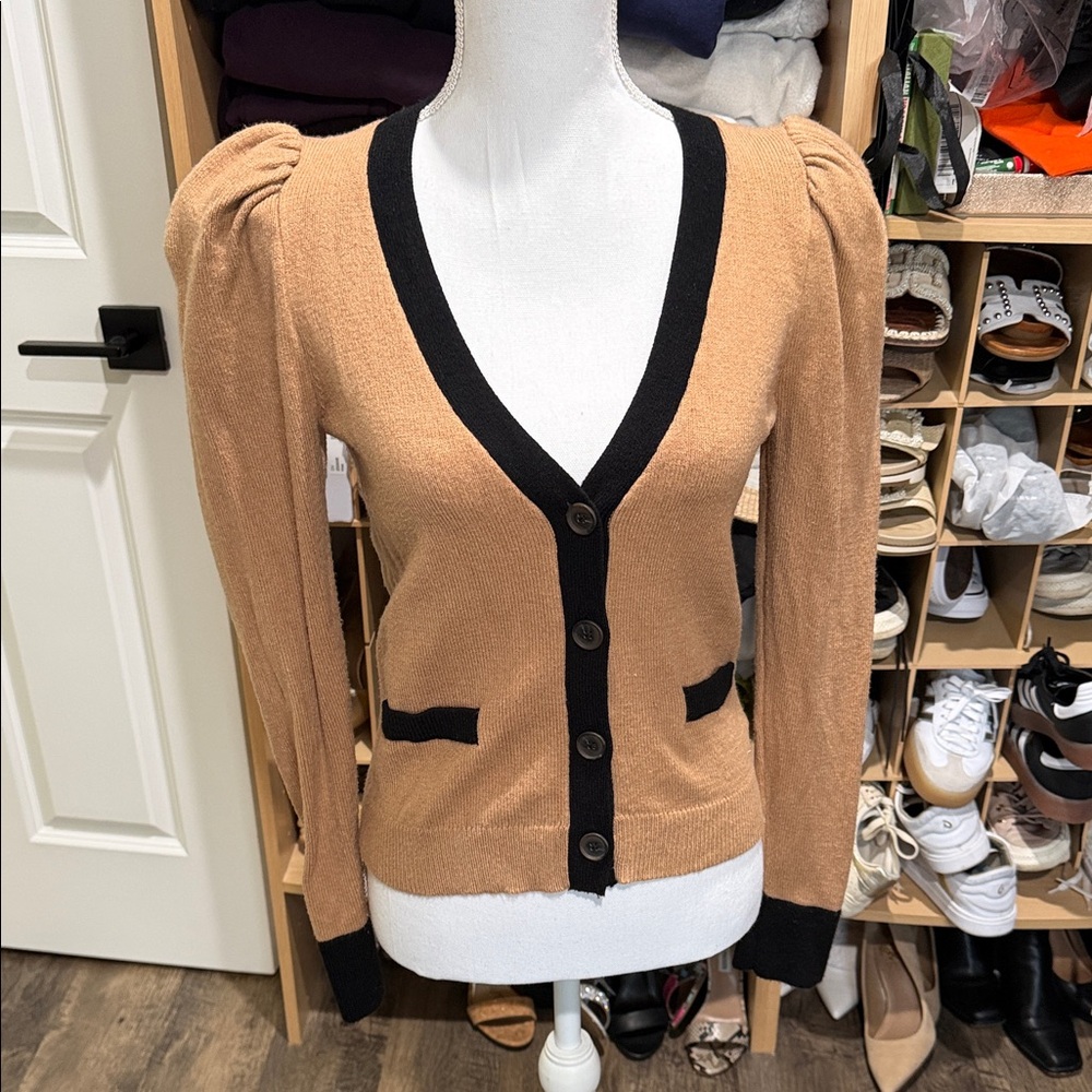 Express Women’s Camel Tan Puff-Sleeve Cardigan with Black Trim